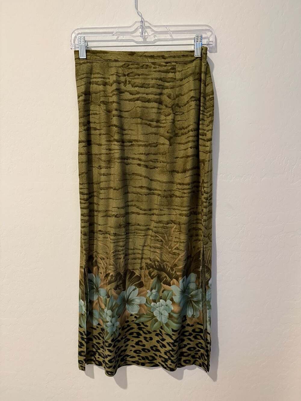 Vintage Olive Green Tropical Floral and Leopard Print Maxi Skirt with Side Slits